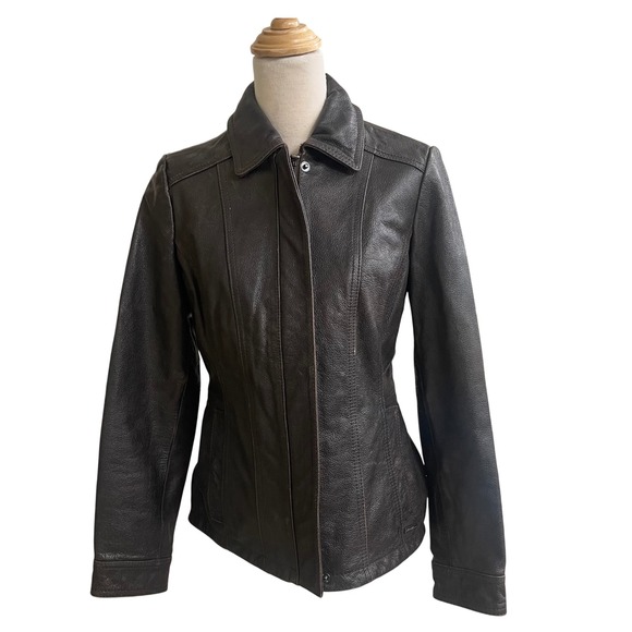 Eddie Bauer Leather Jacket Size PXS DARK BROWN Full Zip Side zipper  Brown - Picture 1 of 9